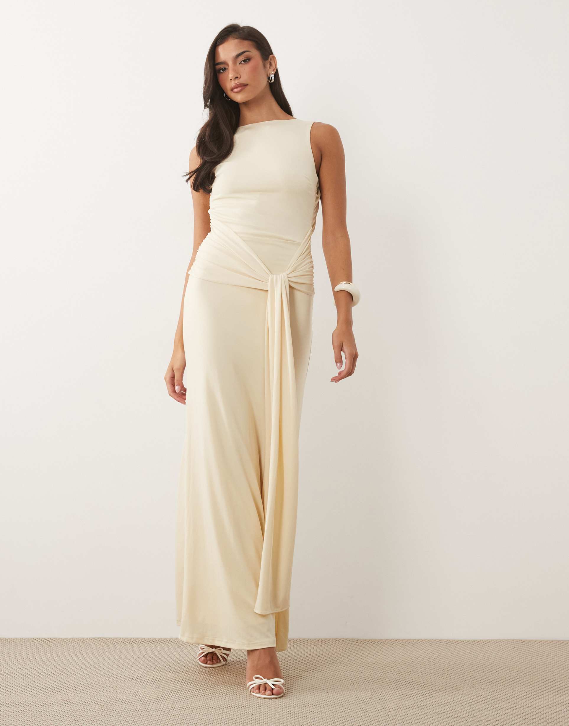 tfnc slinky slash neck open back tie detail maxi dress in cream
