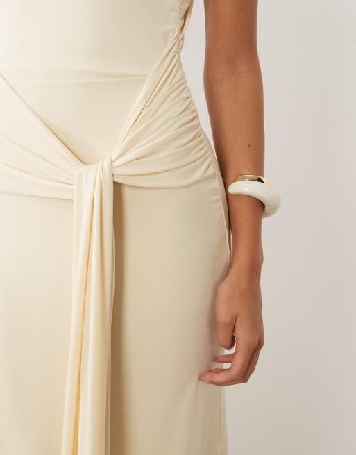 TFNC slinky slash neck open back tie detail maxi dress in cream, 2 of 4