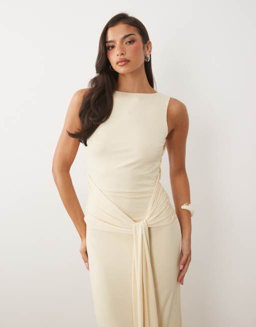TFNC slinky slash neck open back tie detail maxi dress in cream, 4 of 4