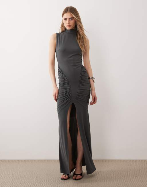 TFNC slinky sleeveless high neck ruched detailing open back maxi dress in charcoal, 3 of 4