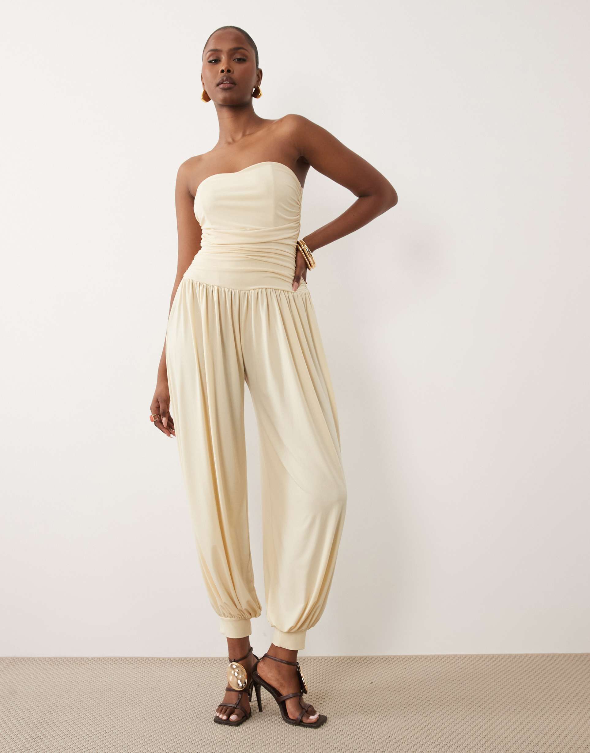 tfnc slinky strapless balloon pants jumpsuit in cream
