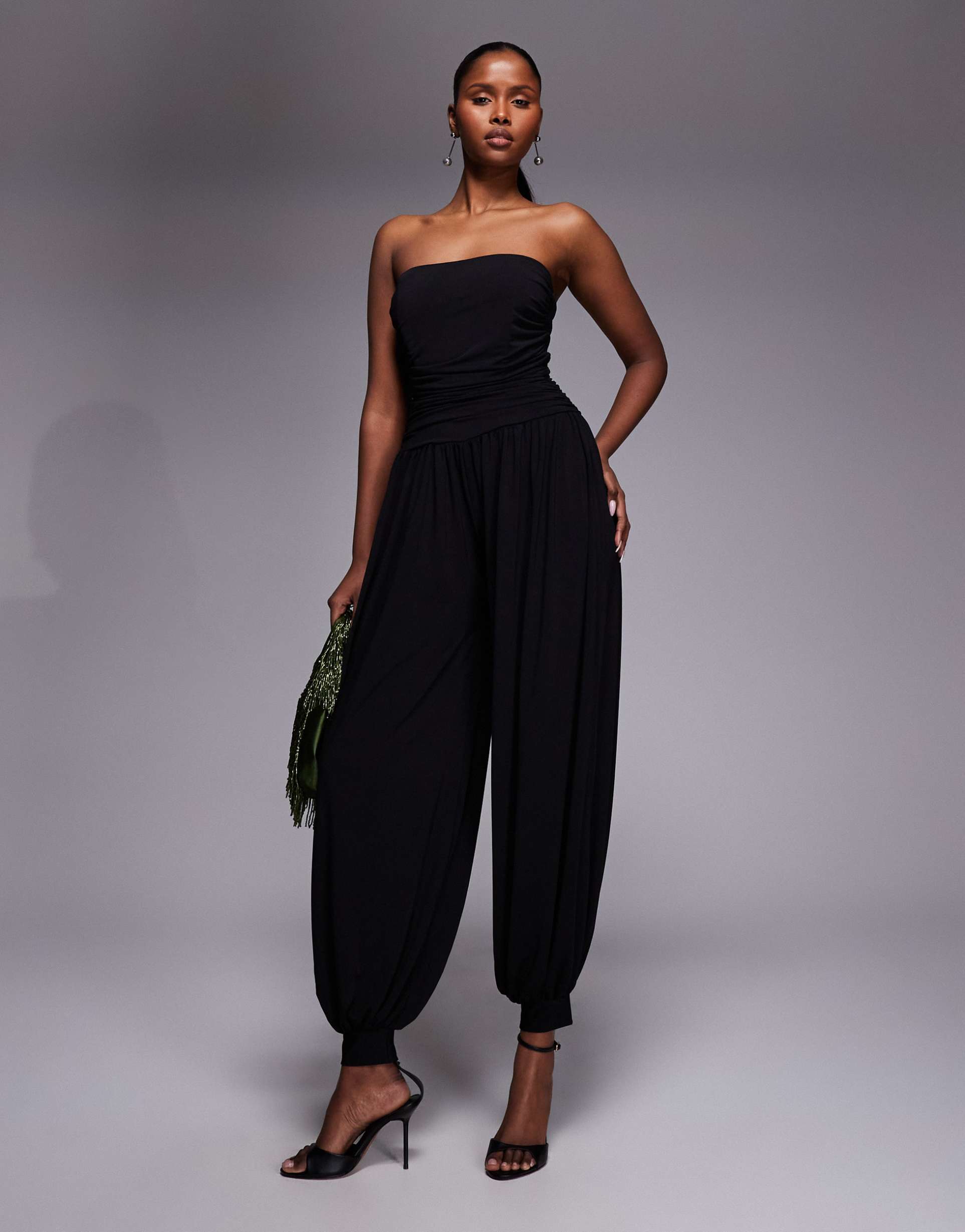 tfnc slinky strapless parachute pants jumpsuit in black