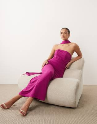 Tfnc Slinky Strapless Ruched Maxi Dress With Scarf In Purple