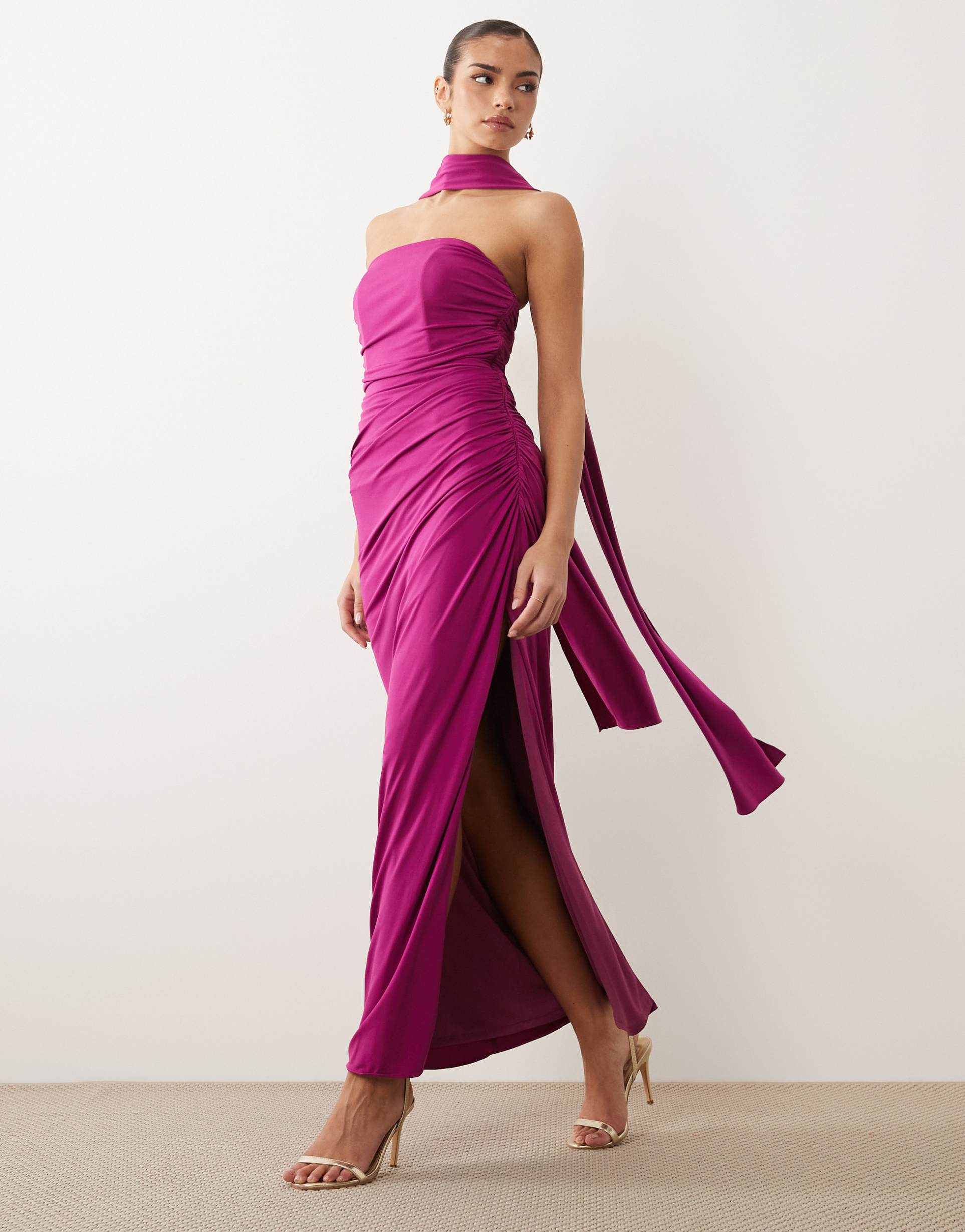 tfnc slinky strapless ruched maxi dress with scarf in fuchsia