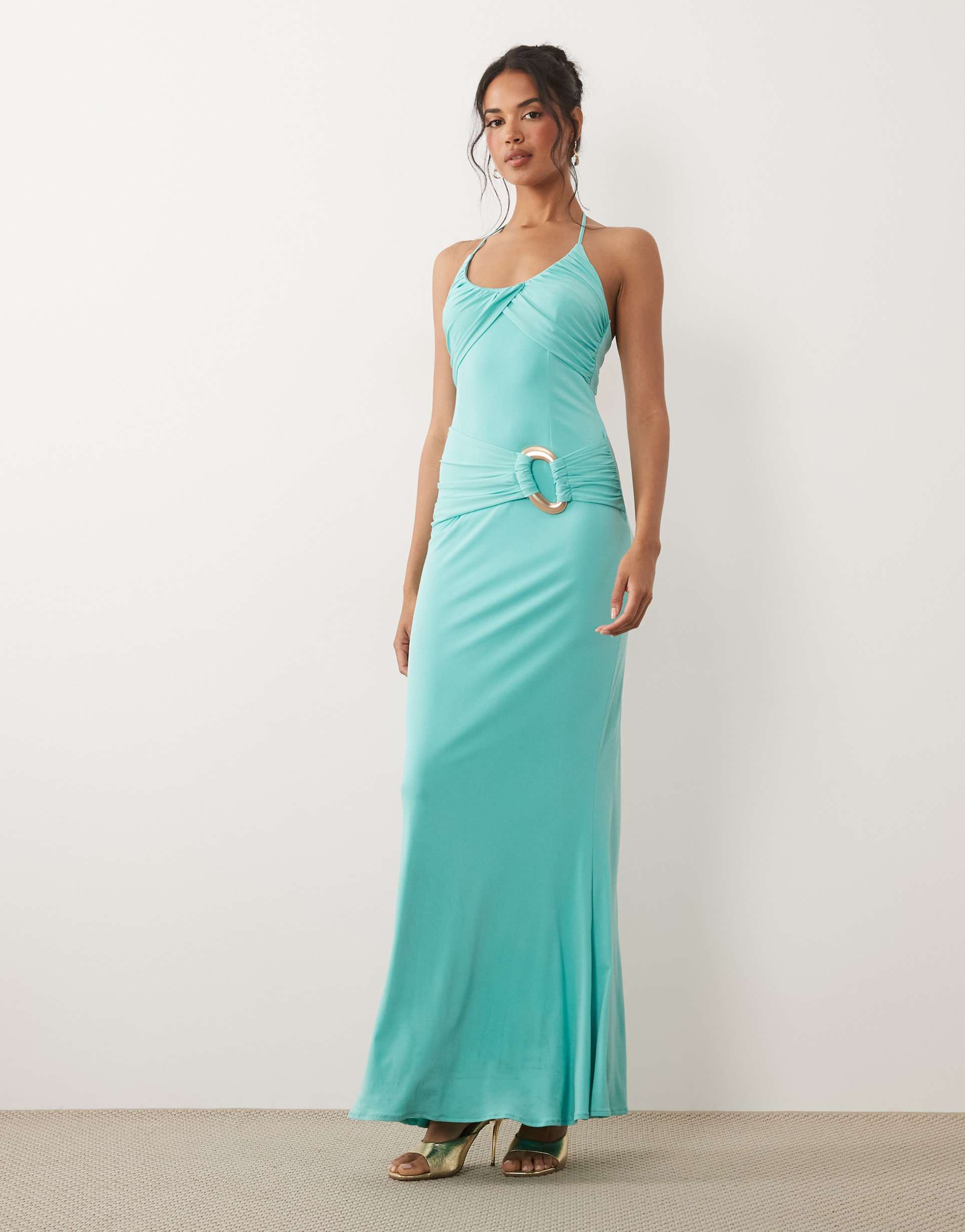 tfnc slinky strappy halter trim detail maxi dress in aqua