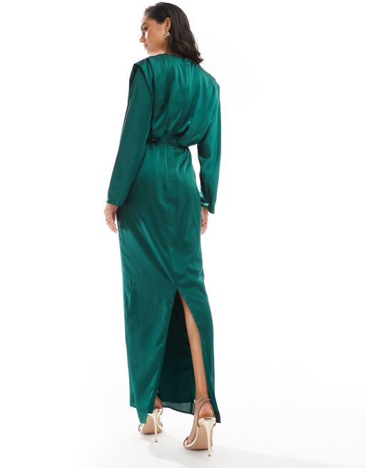 TFNC - Smaragdgrøn maxikjole med kimono-top i satin, 3 af 4
