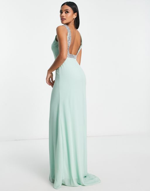 TFNC  square back embellished maxi dress in sage - TAN