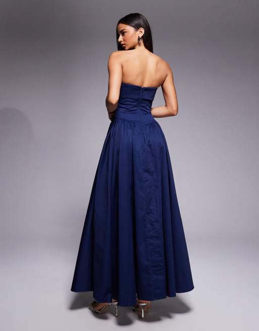 TFNC - Strapless maxi-jurk van katoen met volle rok in marineblauw , 3 van 4