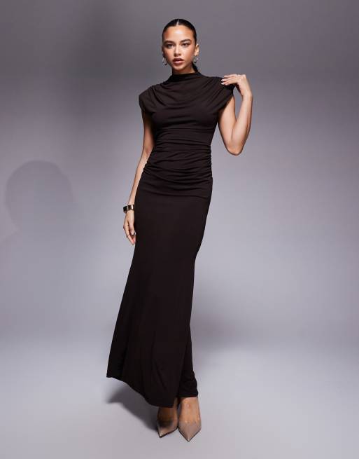 TFNC strech jersey draped high neck shoulder pad open back maxi dress in chocolate