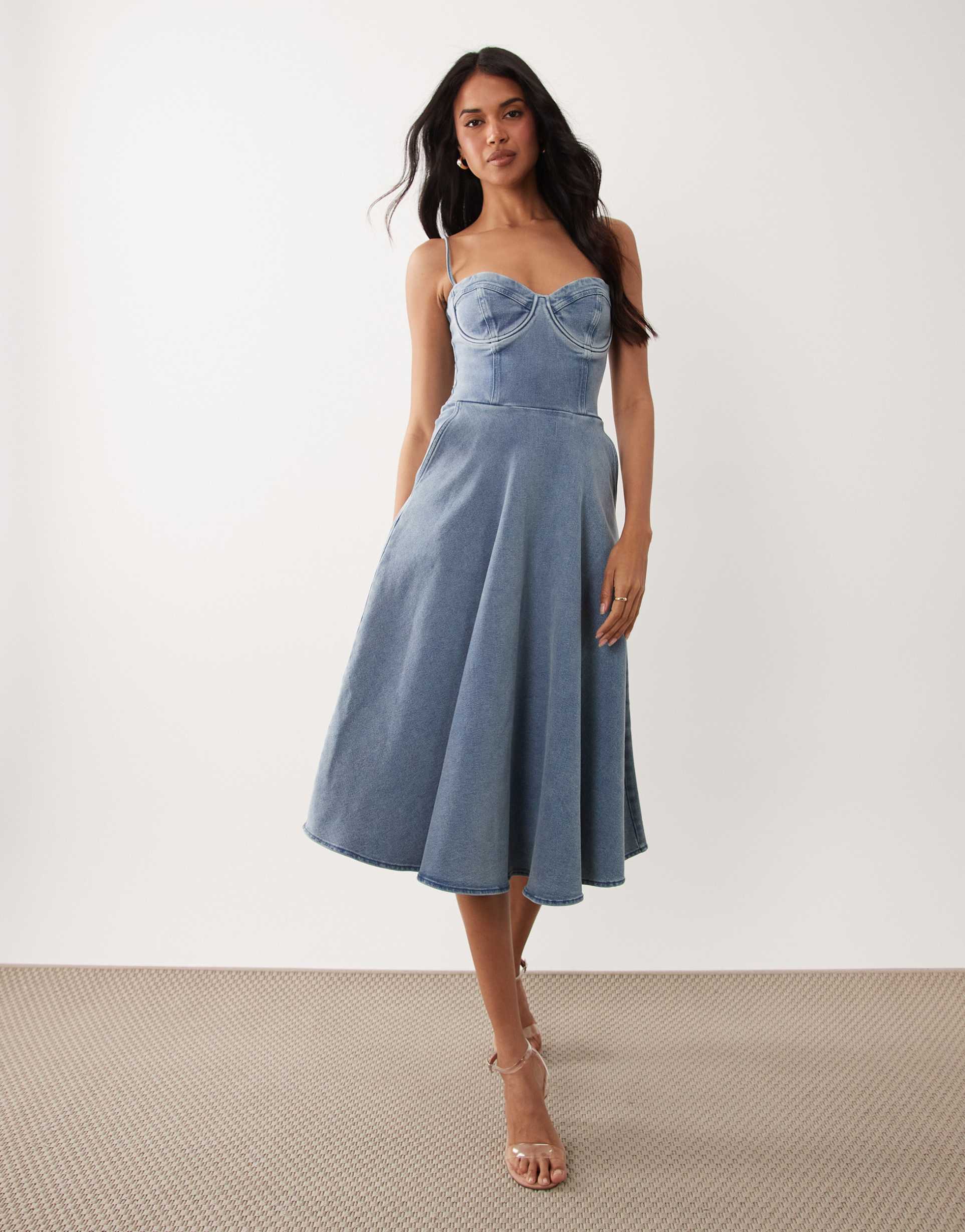 tfnc stretch denim cami cup detail full skirt midi dress in blue