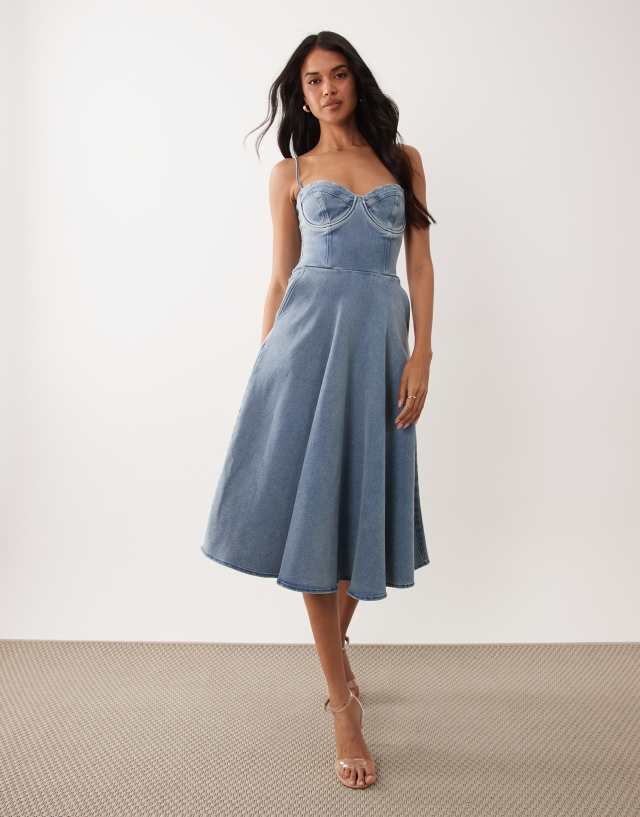 blue jean formal dress TFNC stretch denim cami cup detail full skirt midi in Plus Size Dresses Designer ms-group:Aviator Ava Presley 40151 Black Size:02