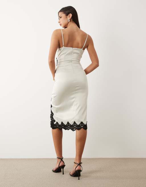 TFNC stretch satin cami lace detail midi dress with thigh split in cream and black , 3 of 4