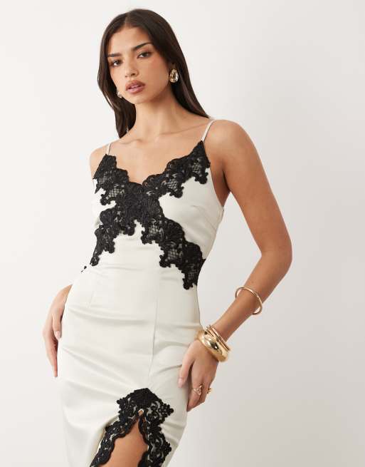 TFNC stretch satin cami lace detail midi dress with thigh split in cream and black , 4 of 4