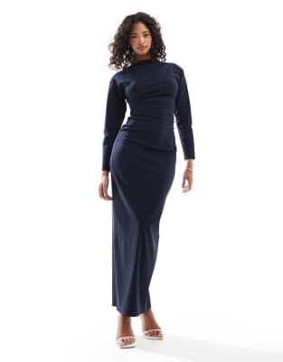 structured midaxi dress in bengaline in navy-Orange