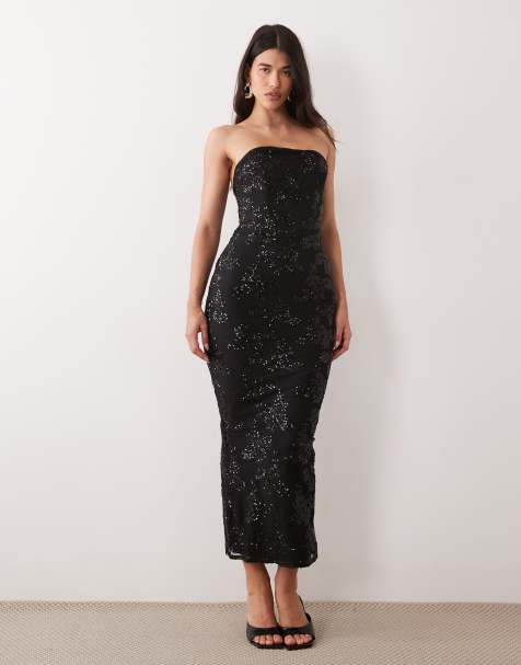 TFNC strukturiertes, trägerloses Maxikleid mit floralen Pailletten in Schwarz - view 1