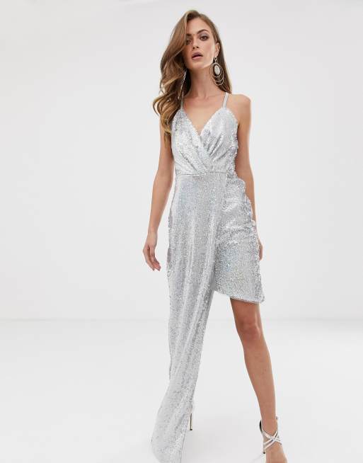 TFNC super mini dress with asymmetric hem in silver iridescent | ASOS