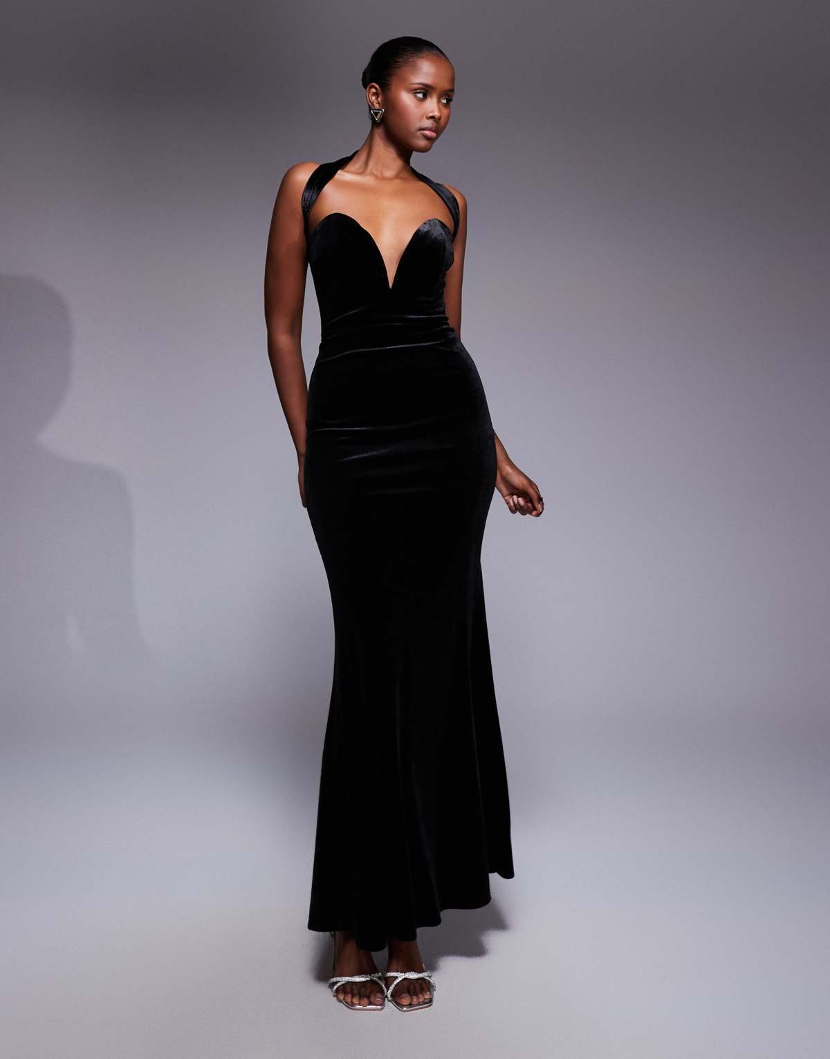 TFNC sweetheart bandeau maxi dress with neck detail in black velvet