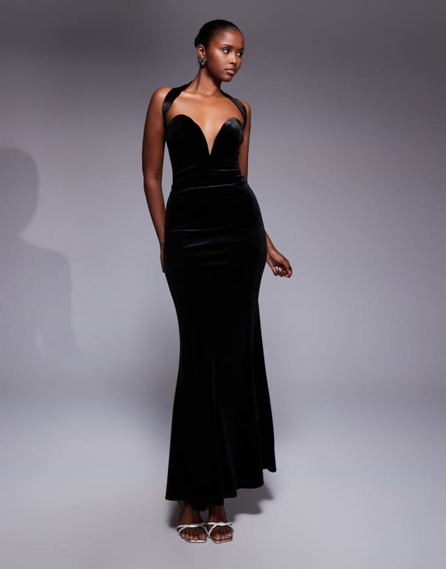 black velvet maxi dress TFNC sweetheart bandeau with neck detail in Color:Ivory/Ivory Vintage 90s Navy Blue Elegant Maxi Dress Cut this black velvet maxi