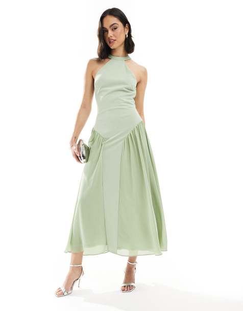TFNC Bridesmaid high neck maxi dress with full skirt in sage green