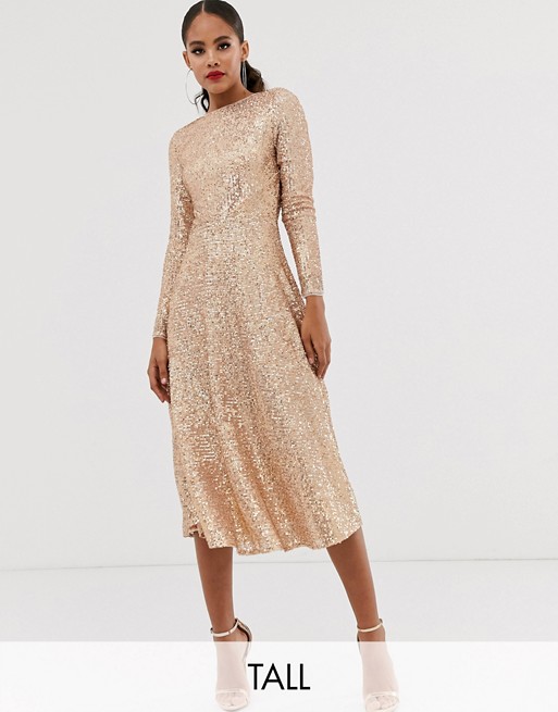 TFNC Tall A-line sequin midi dress in rose gold