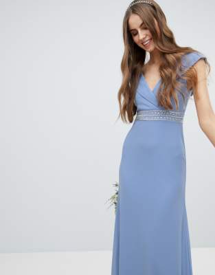 tfnc bardot maxi bridesmaid dress with fishtail and embellished waist