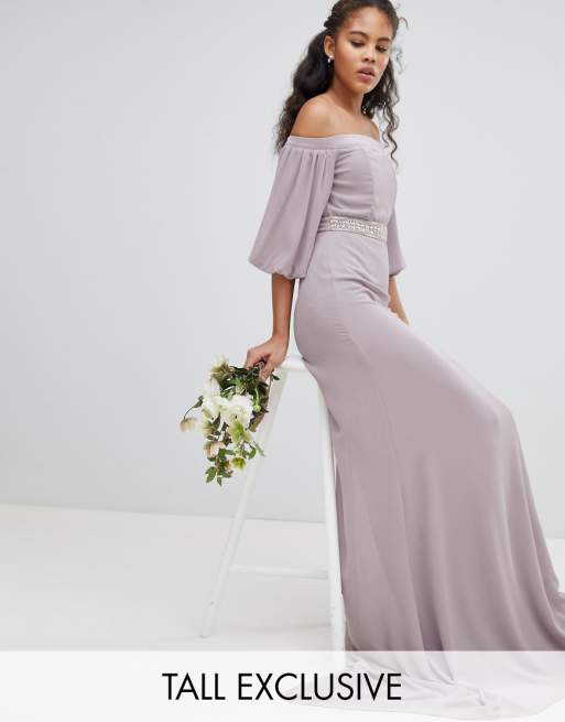 TFNC Tall Bardot Maxi Bridesmaid Dress with Sleeve Drama TFNC Tall Bardot Maxi Bridesmaid Dress with Sleeve Drama