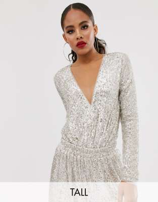 TFNC Tall wrap front bodysuit in silver sequin-Multi Multi