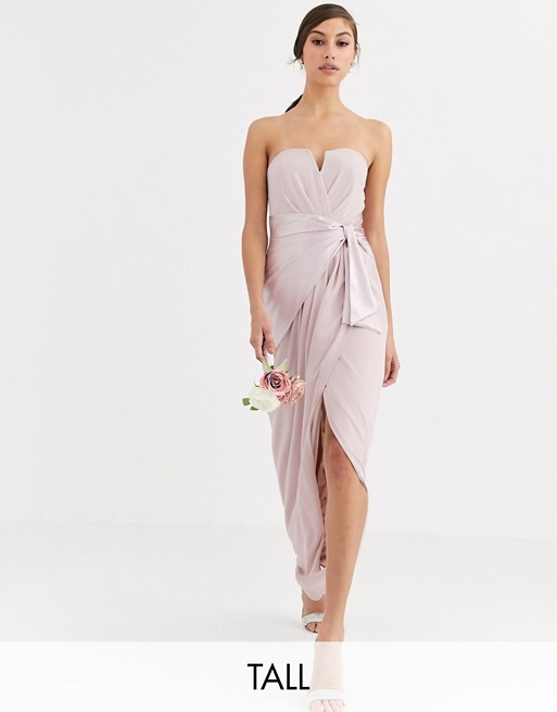 TFNC Tall Bridesmaid bandeau maxi wrap dress with satin front detail in taupe