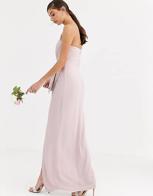 Women TFNC Tall Bridesmaid bandeau maxi wrap dress with satin front detail in taupe 