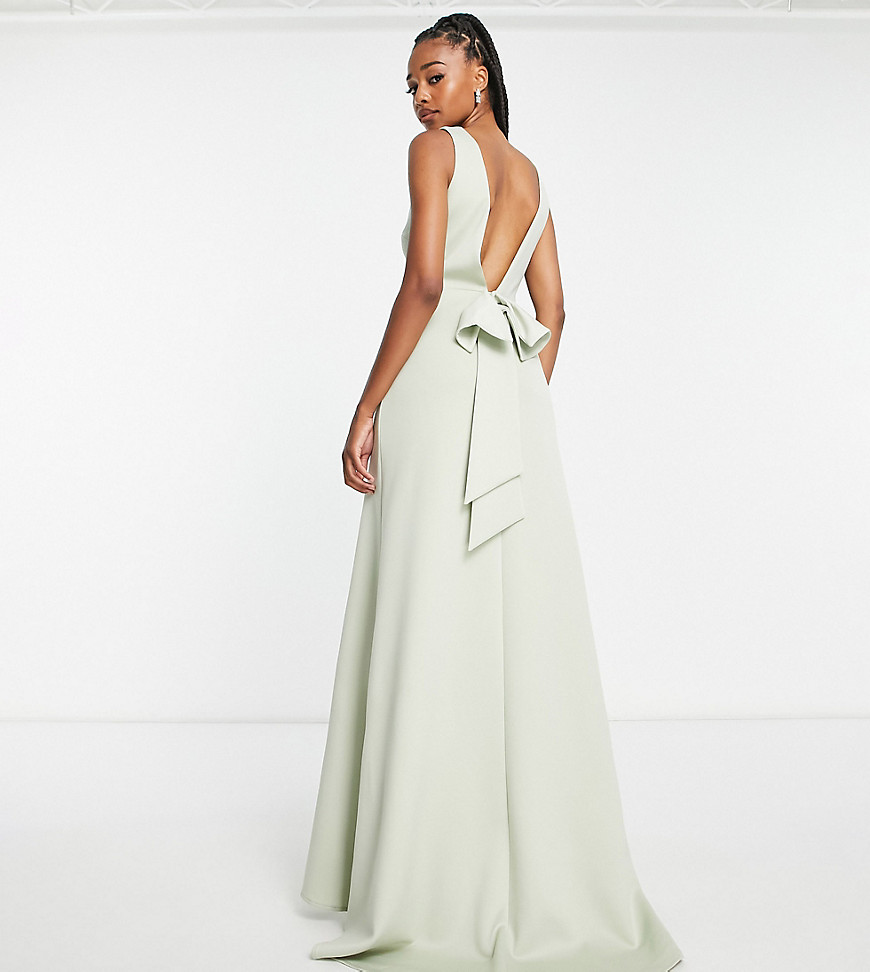 TFNC Tall Bridesmaid bow back maxi dress in sage green