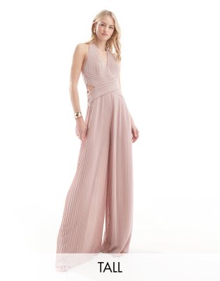 Bridesmaid chiffon halter neck pleated jumpsuit in soft pink