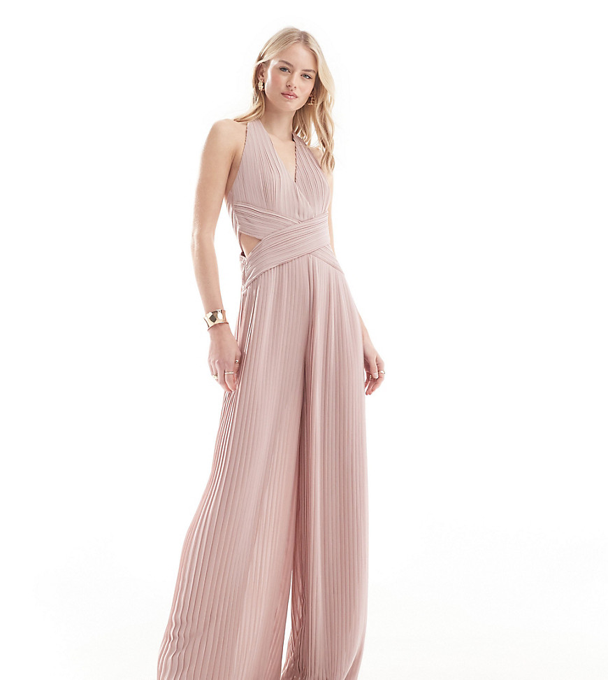 TFNC Tall Bridesmaid chiffon halter neck pleated jumpsuit in soft pink