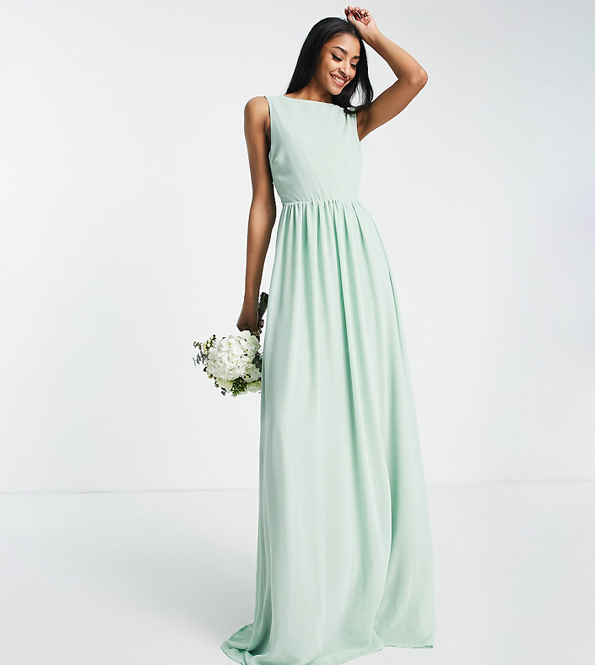 TFNC Tall Bridesmaid chiffon maxi dress with deep cowl back in fresh sage-Green
