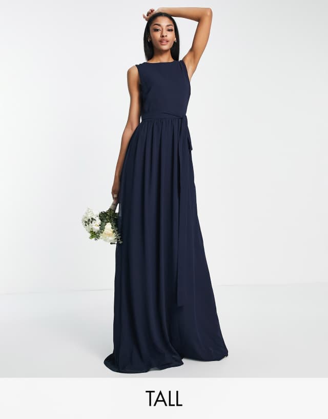 TFNC Tall Bridesmaid chiffon maxi dress with deep cowl back in navy