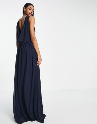 TFNC Tall Bridesmaid chiffon maxi dress with deep cowl back in navy | ASOS