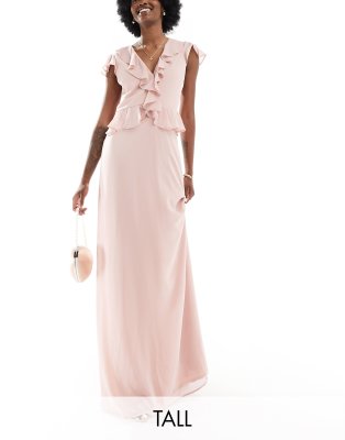 TFNC Tall Bridesmaid chiffon maxi dress with frill detail in mauve-Pink