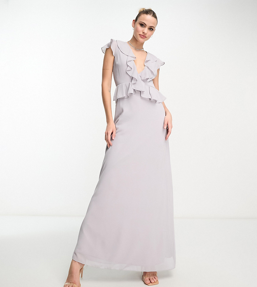 TFNC Tall Bridesmaid chiffon maxi dress with frill detail in mauve-Grey