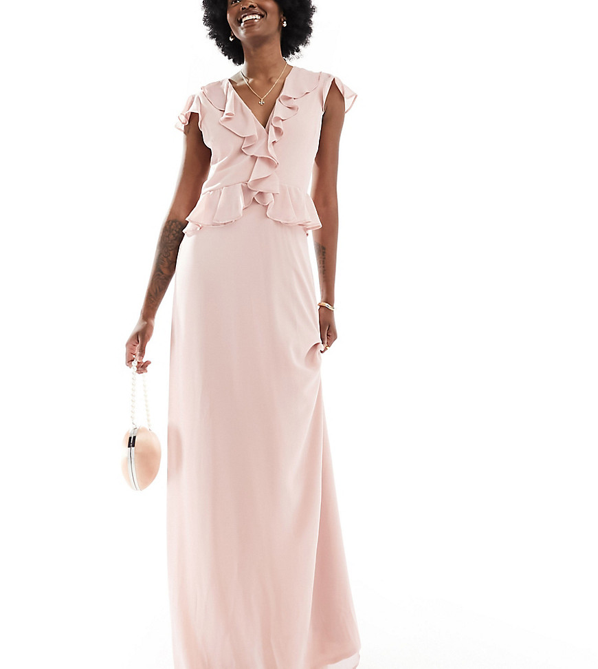 Bridesmaid chiffon maxi dress with ruffle detail in mauve-Pink
