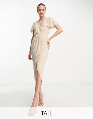 TFNC Tall Bridesmaid chiffon wrap front midi dress with flutter sleeve in caffe latte-Brown