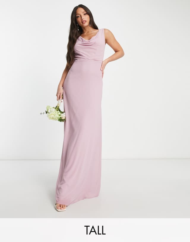 TFNC Tall Bridesmaid cowl neck button back maxi dress in pink