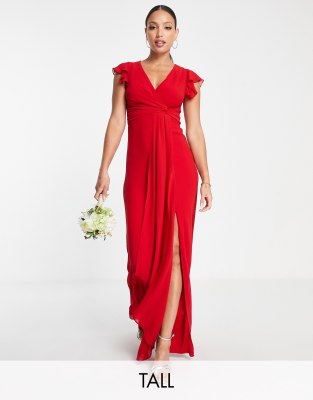 TFNC Tall Bridesmaid – Czerwona sukienka koktajlowa maxi z ozdobnymi rękawami z falbanką