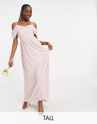 TFNC Tall bridesmaid drape shoulder asymmetric maxi dress in mink