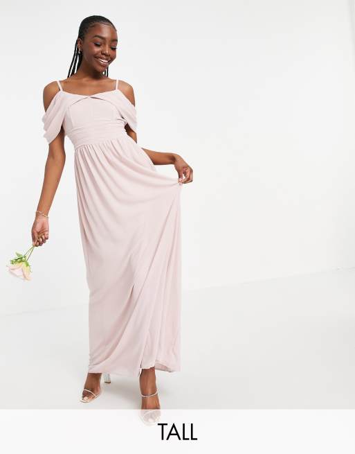 TFNC Tall bridesmaid drape shoulder asymmetric maxi dress in mink