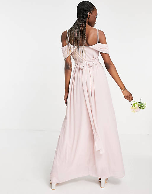 TFNC Tall bridesmaid drape shoulder asymmetric maxi dress in mink