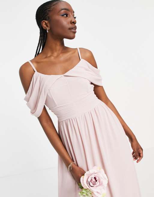 TFNC Tall bridesmaid drape shoulder asymmetric maxi dress in mink, 3 of 4