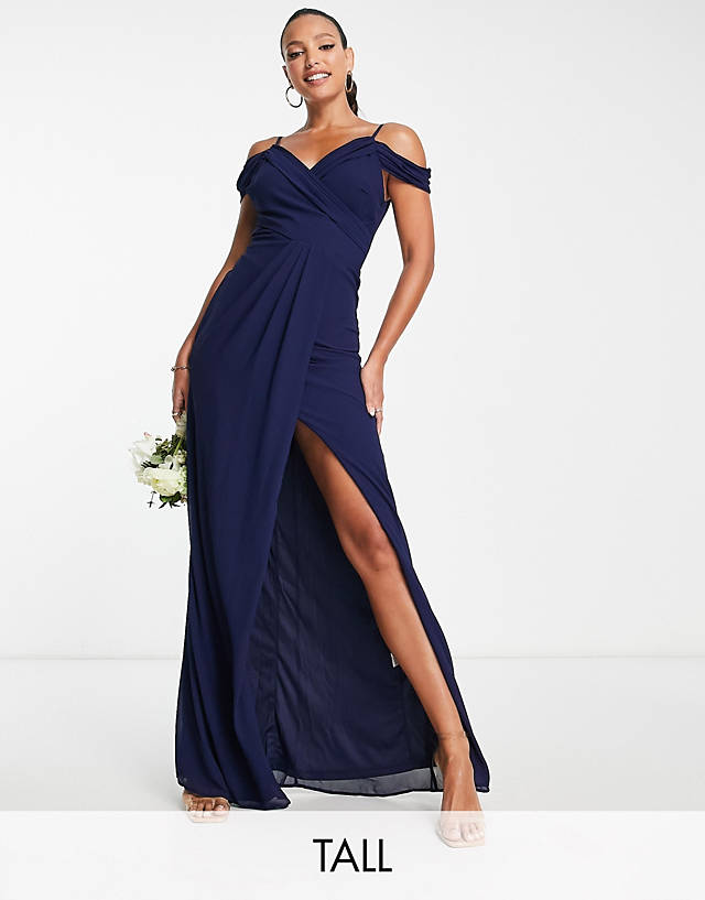 TFNC Tall - bridesmaid drape shoulder wrap dress in navy blue