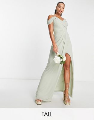 TFNC Tall Bridesmaid drape shoulder wrap dress in sage green - ASOS Price Checker