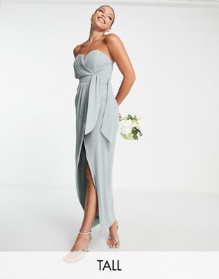 TFNC Tall bridesmaid exclusive bandeau wrap midaxi dress with pleated detail in sage