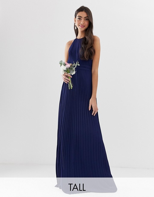 TFNC Tall bridesmaid exclusive high neck pleated maxi dress in navy