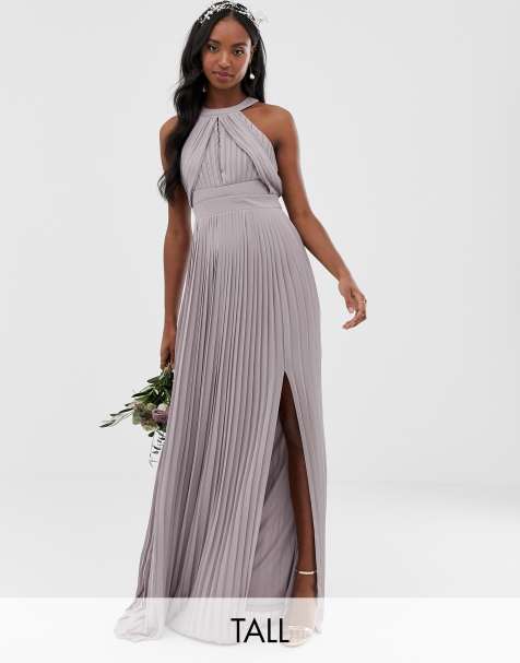 TFNC Tall bridesmaid exclusive pleated maxi dress in grey
